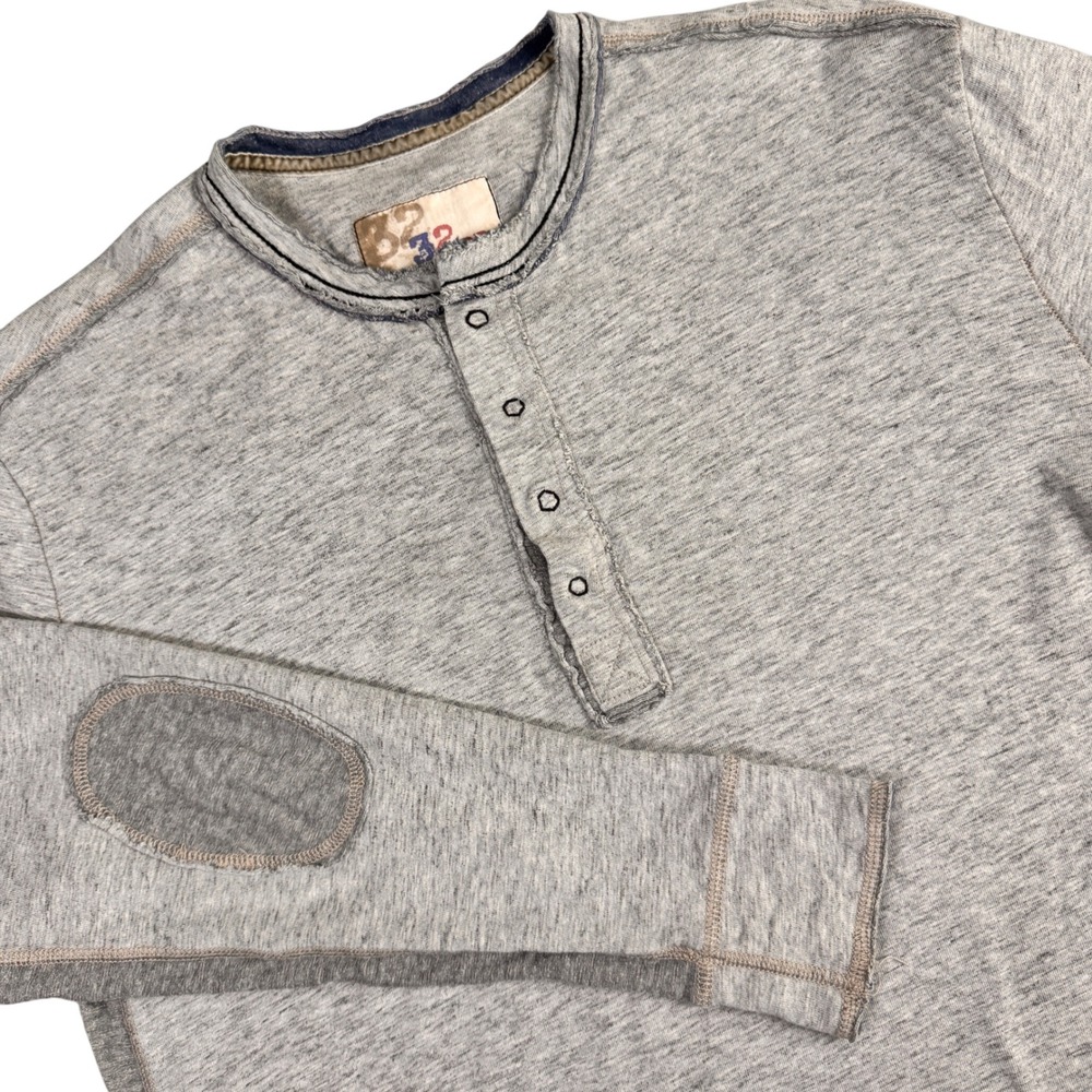 32 Bar Blues Henley Shirt Mens Large Grey Long Sleeve Elbow Patch Snap Neck